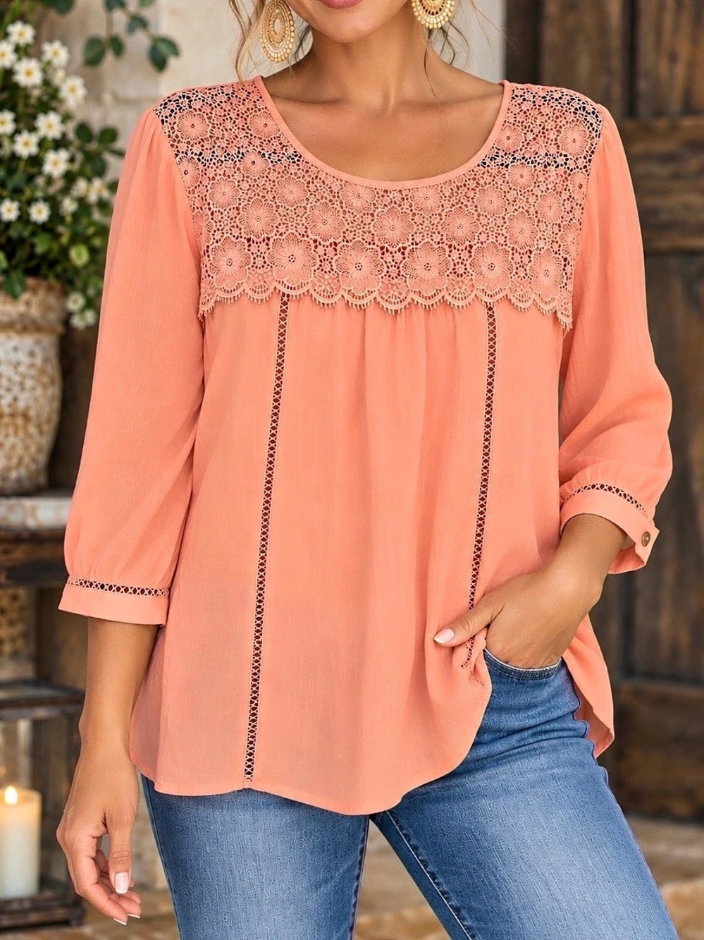 Figueroa & Flower XL Coral Crochet Lace Boho Blouse 3/4 Sleeve Preloved